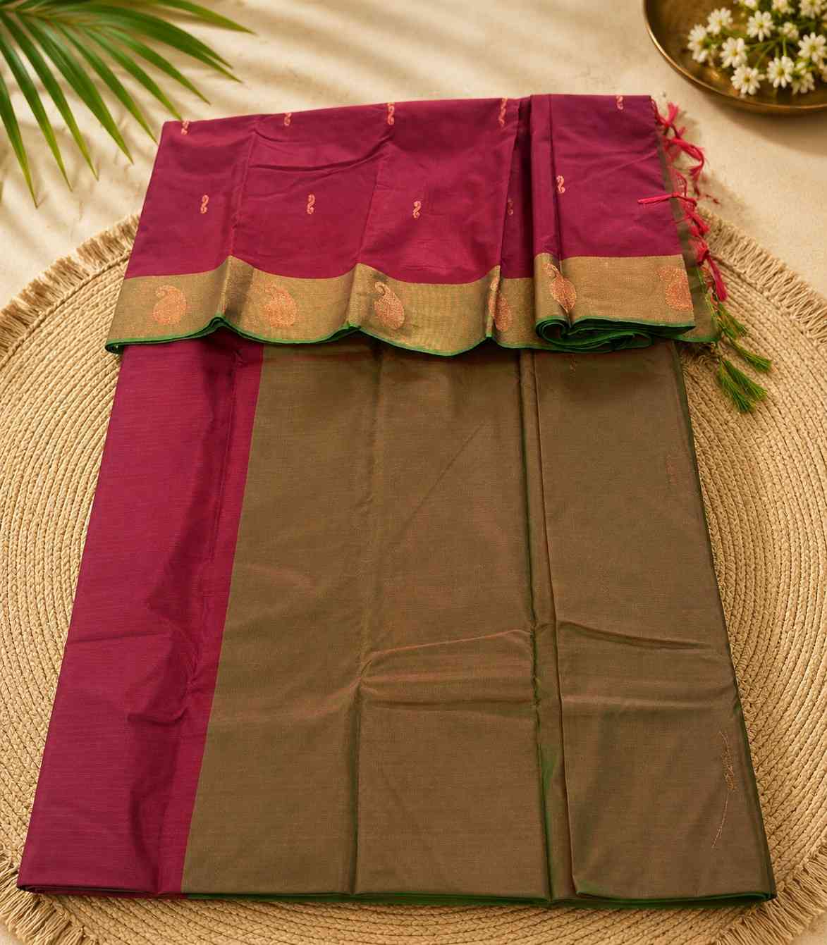 2234 Maroon Cotton Silk Saree with Contrast Green Border