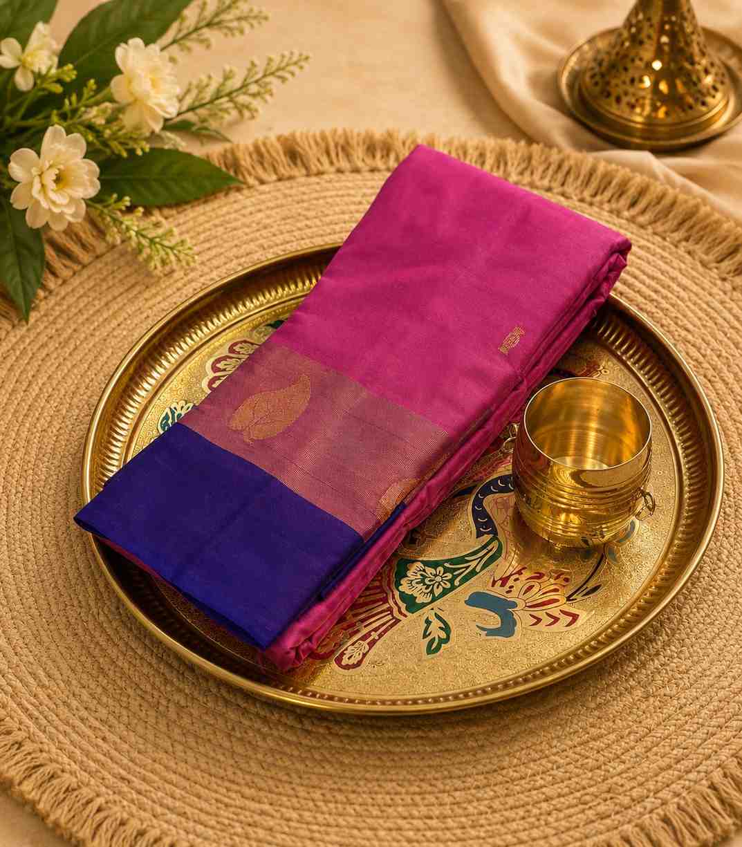 2236 Dark Pink Cotton Silk Saree with Contrast Royal Blue Border