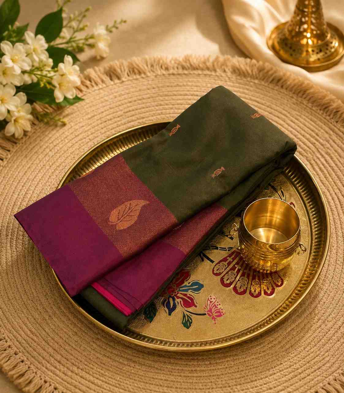 2235 OIlive Green Cotton Silk Saree with Contrast Wine Maroon Border