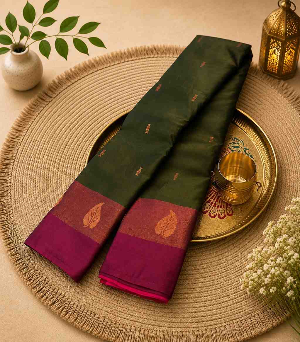 2235 OIlive Green Cotton Silk Saree with Contrast Wine Maroon Border