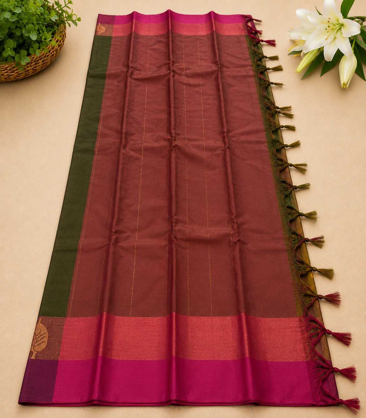 2235 OIlive Green Cotton Silk Saree with Contrast Wine Maroon Border