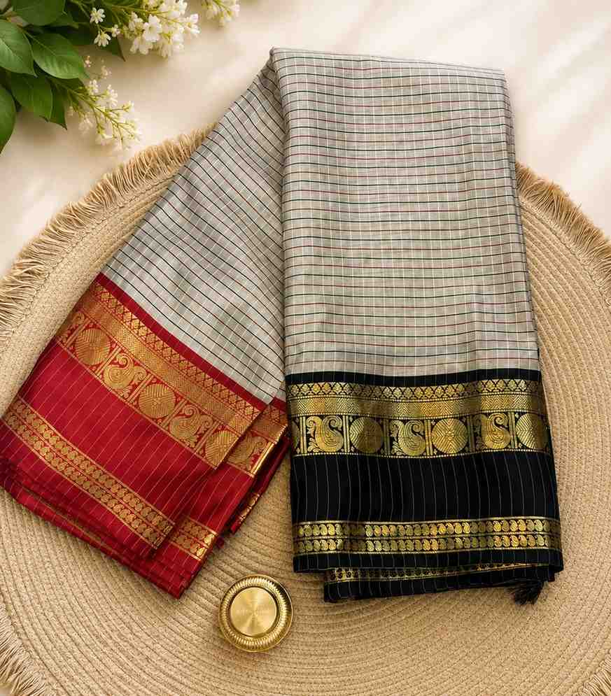 2248 Banarasi Semi Katan Check Pattern Silk Saree with Contrasting Ganga Jamuna Zari Border