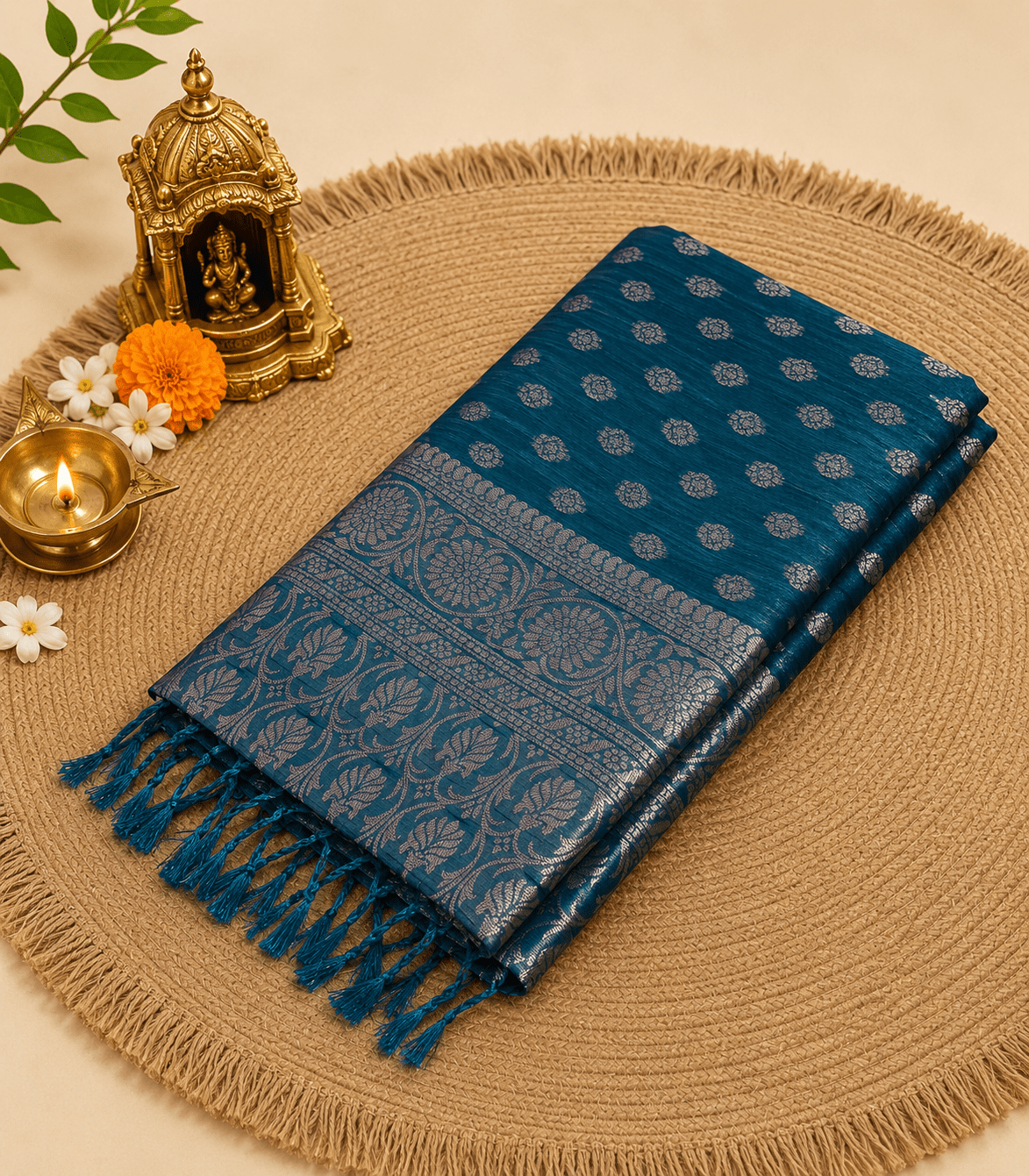 2239 Teal Blue Semi Raw Silk Saree