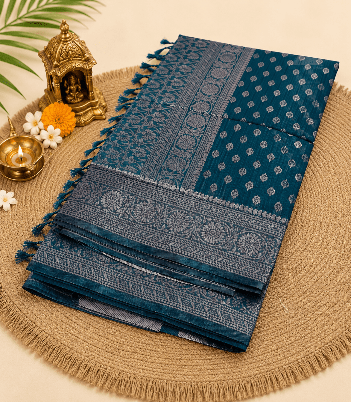 2239 Teal Blue Semi Raw Silk Saree