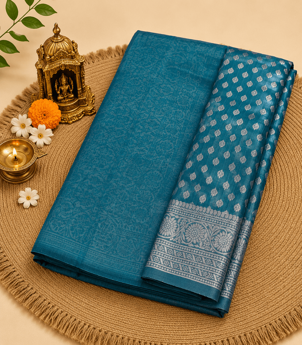 2239 Teal Blue Semi Raw Silk Saree