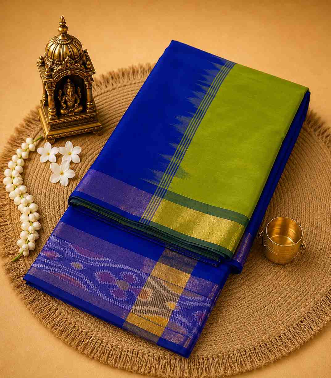 2241 Royal Blue and Parrot Green Tripura Silk Saree with Pochampally Border