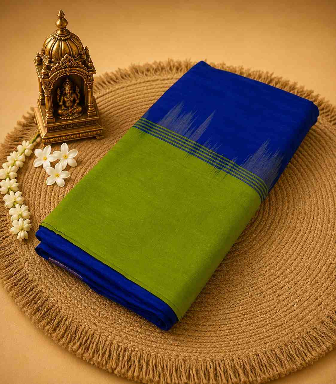 2241 Royal Blue and Parrot Green Tripura Silk Saree with  Pochampally Border