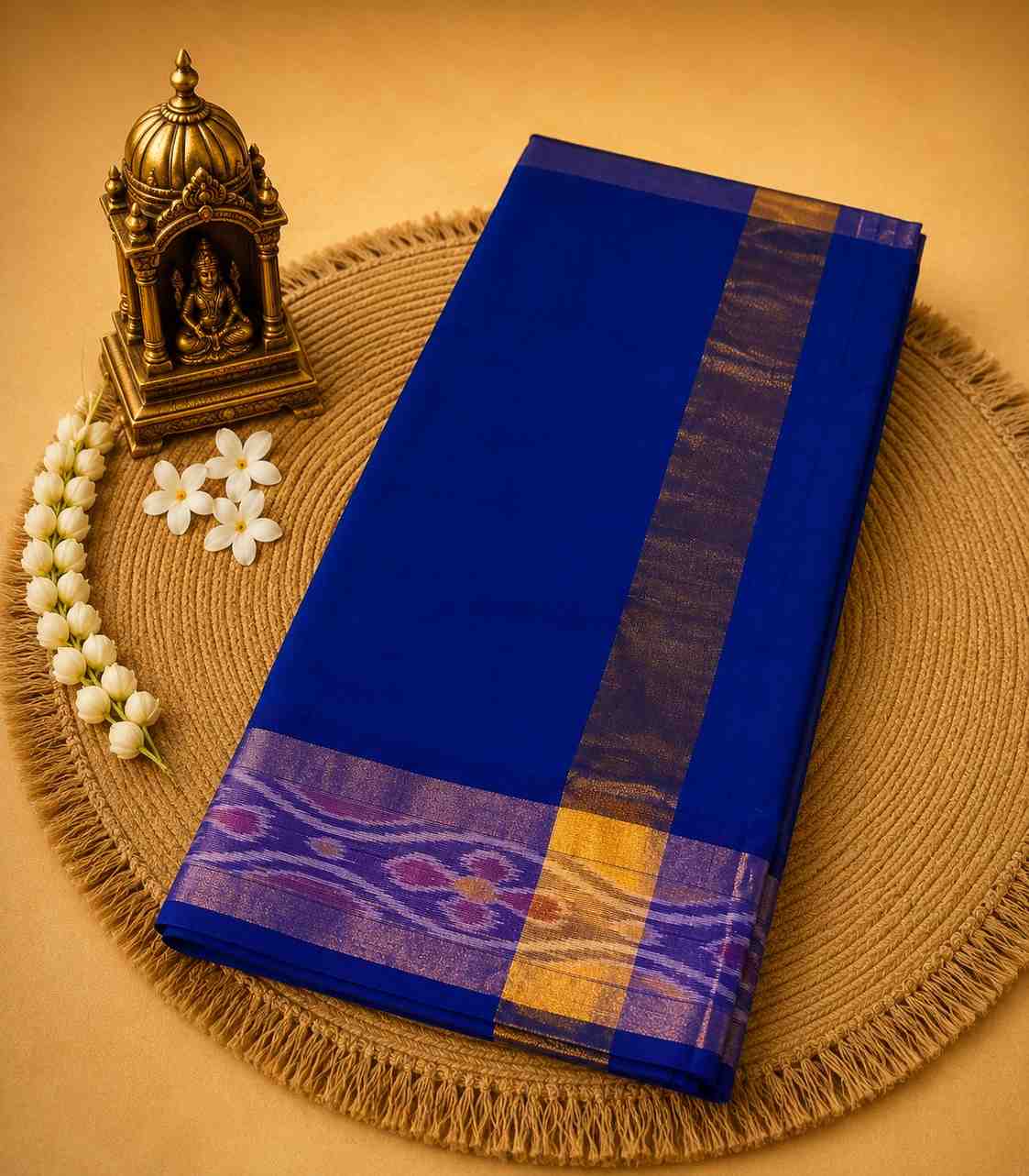 2241 Royal Blue and Parrot Green Tripura Silk Saree with  Pochampally Border