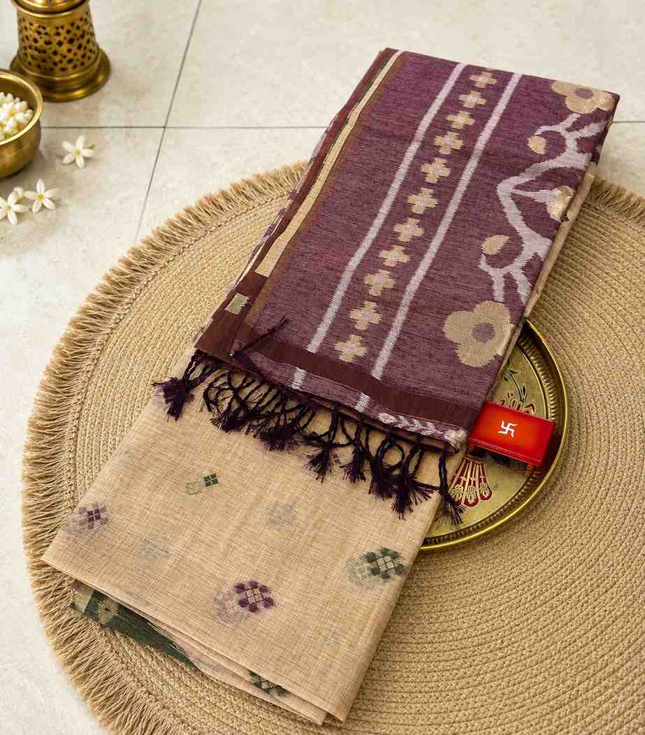 2243 Cotton Jamdani Saree With Cream Colored Body and Contrasting Deep Purple Border