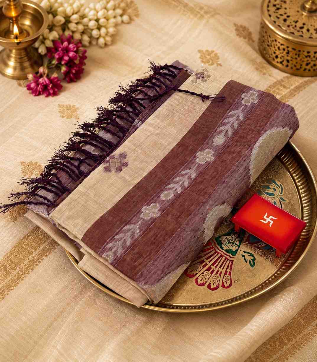 2243 Cotton Jamdani Saree With Cream Colored Body and Contrasting Deep Purple Border