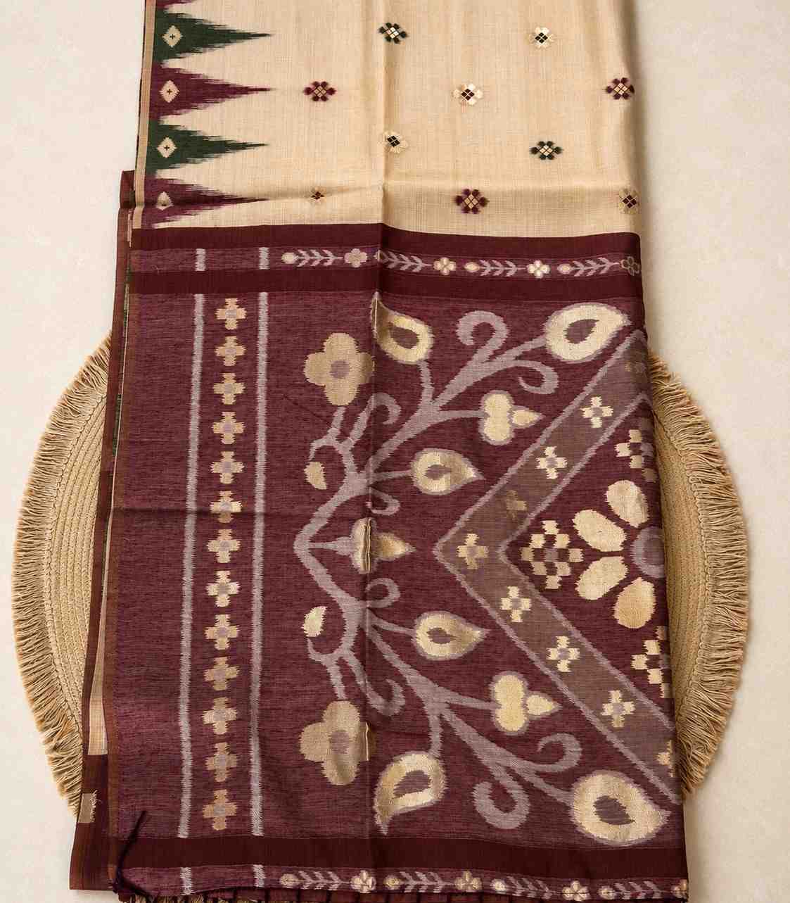 2243 Cotton Jamdani Saree With Cream Colored Body and Contrasting Deep Purple Border