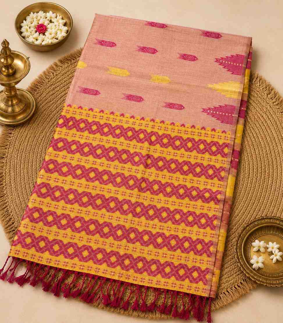 2244 Cotton Handloom Saree With Onion Pink Contrasting With Mustard Yellow