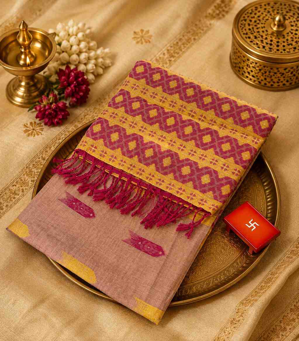 2244 Cotton Handloom Saree With Onion Pink Contrasting With Mustard Yellow