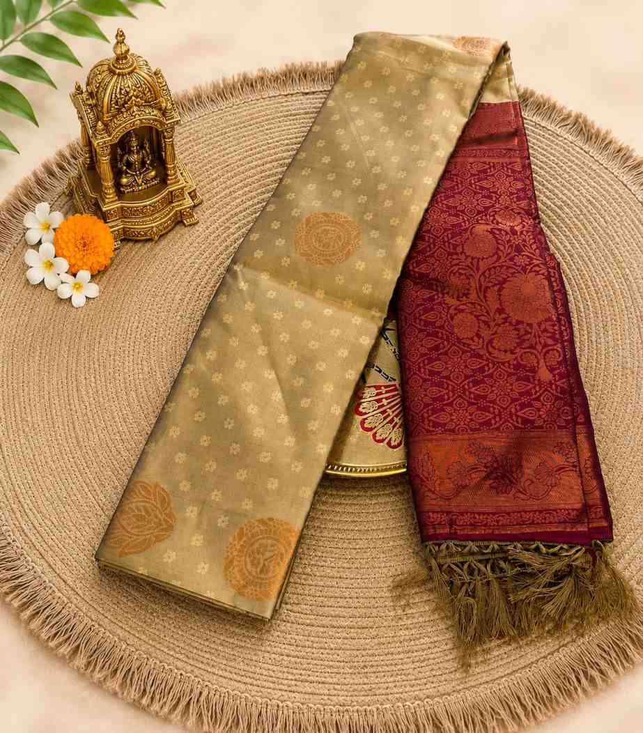 2247  Metallic Champagne Gold  and Wine Magenta Tissue Semi Silk Saree