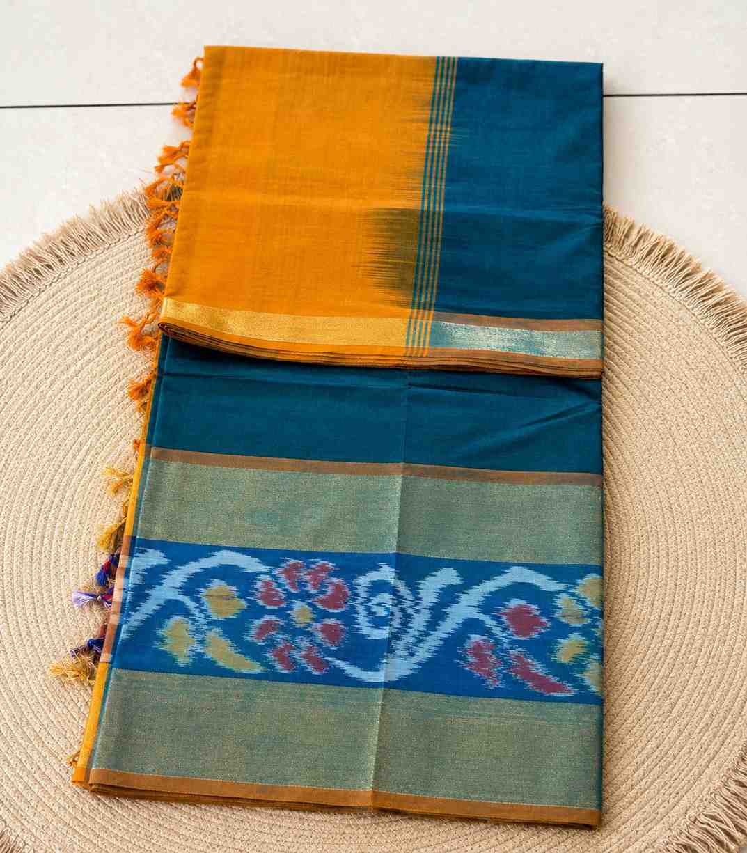 2242 Teal Blue and Mustard Yellow Tripura Silk Saree with Pochampally Border
