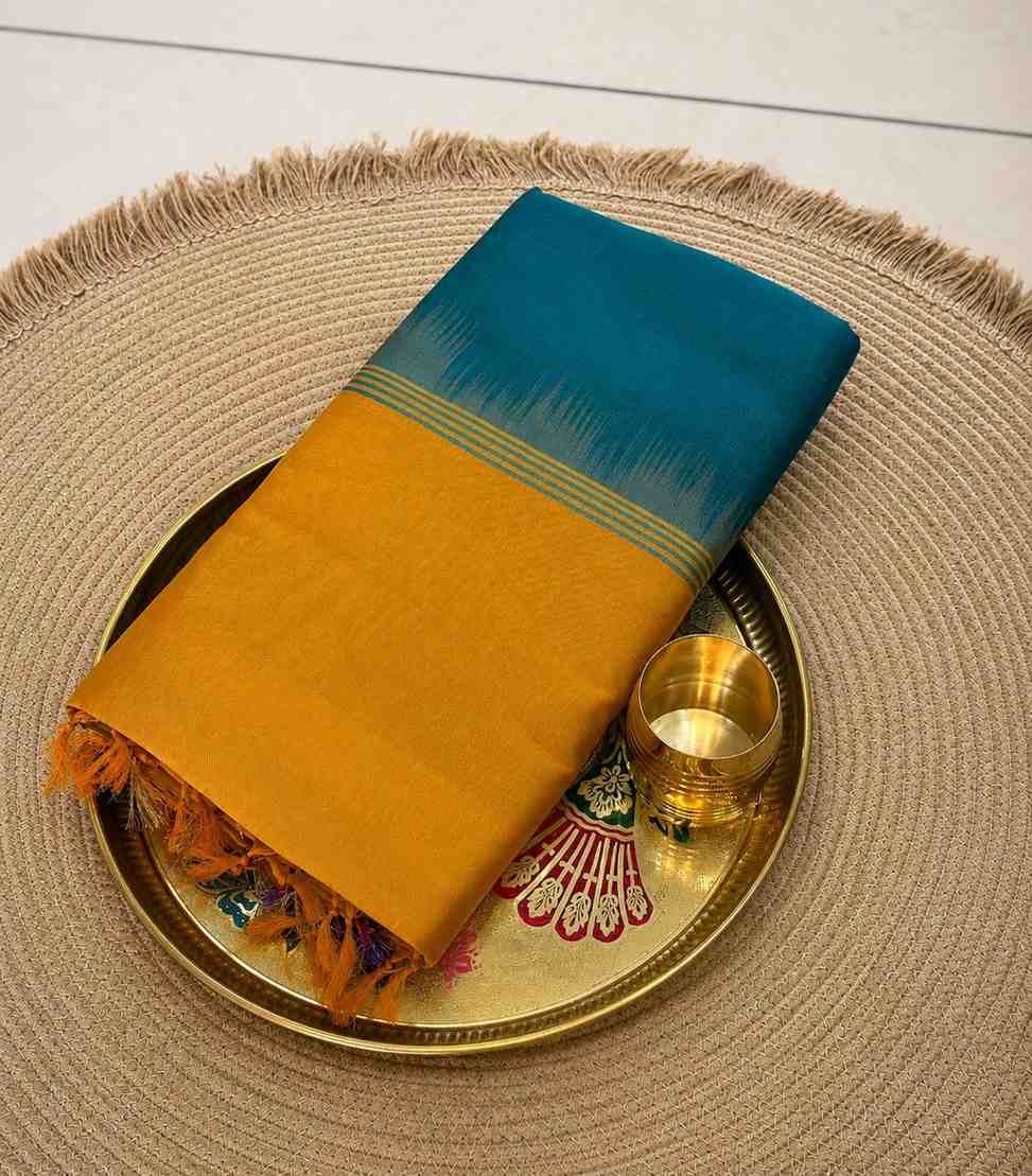 2242 Teal Blue and Mustard Yellow Tripura Silk Saree with Pochampally Border