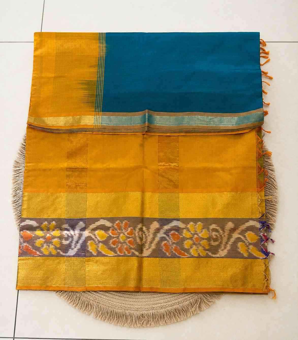 2242 Teal Blue and Mustard Yellow Tripura Silk Saree with Pochampally Border