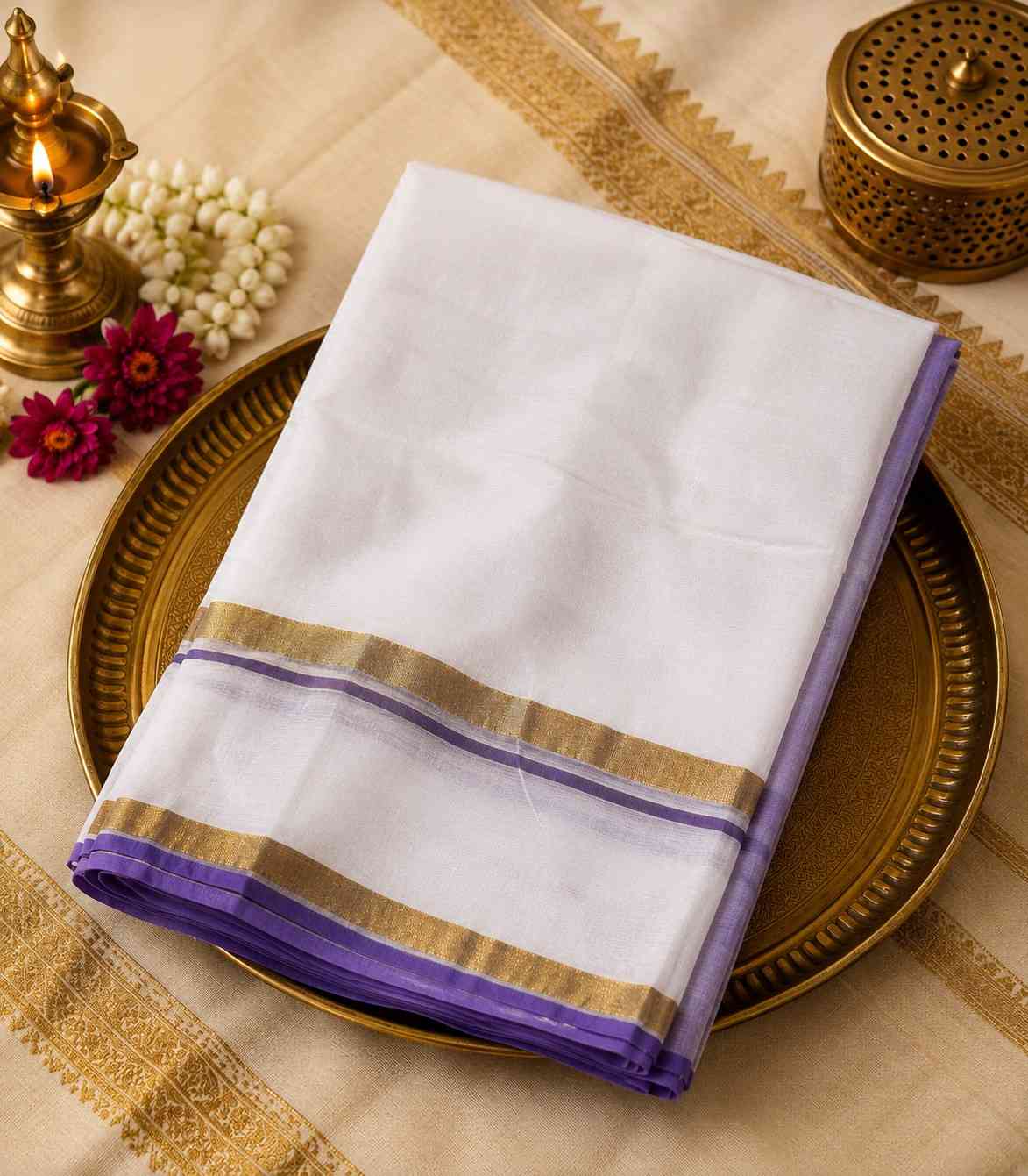 2250 Lavender and White Mulmul Cotton Onam Saree