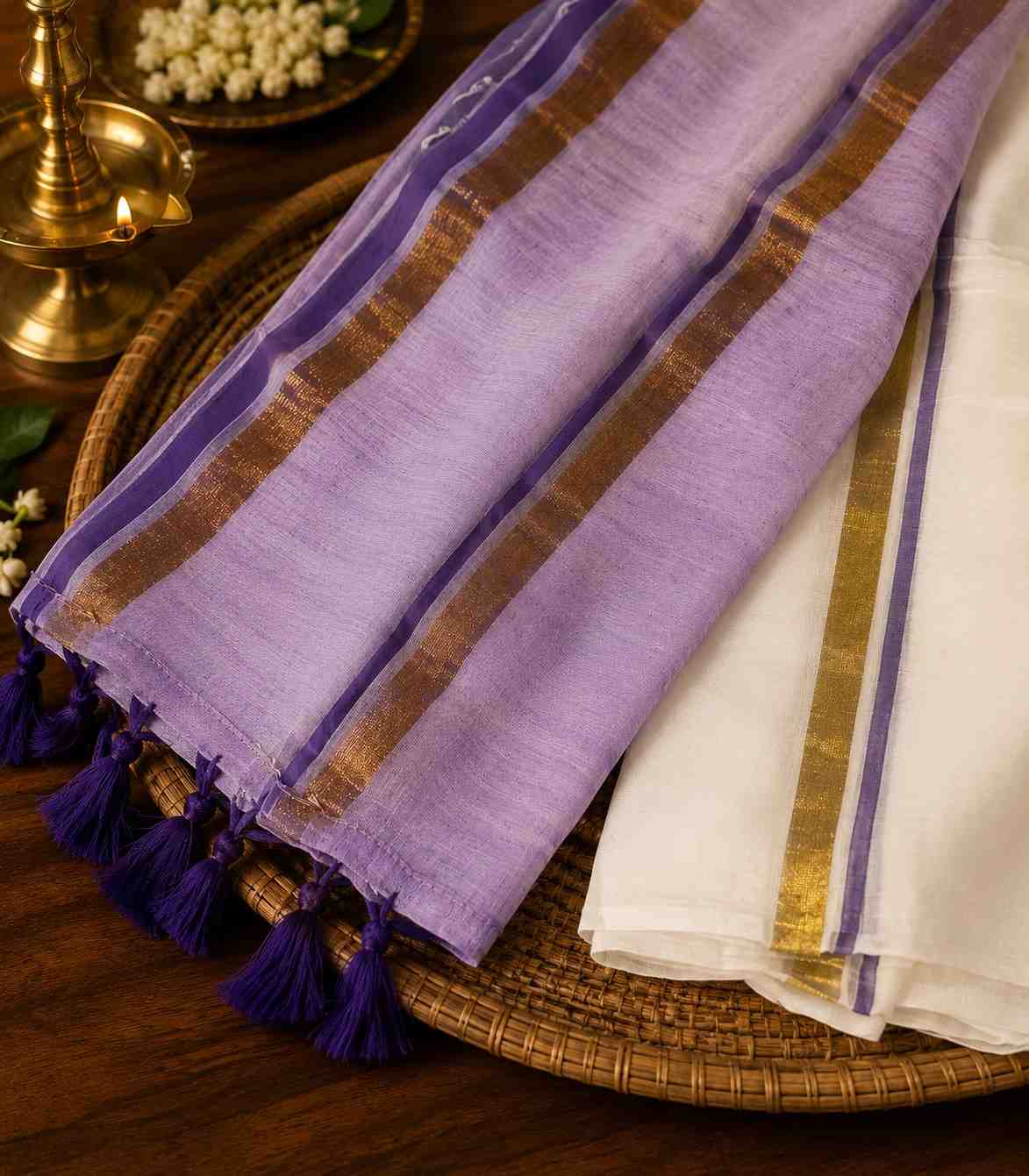 2250  Lavender and White Mulmul Cotton Onam Saree