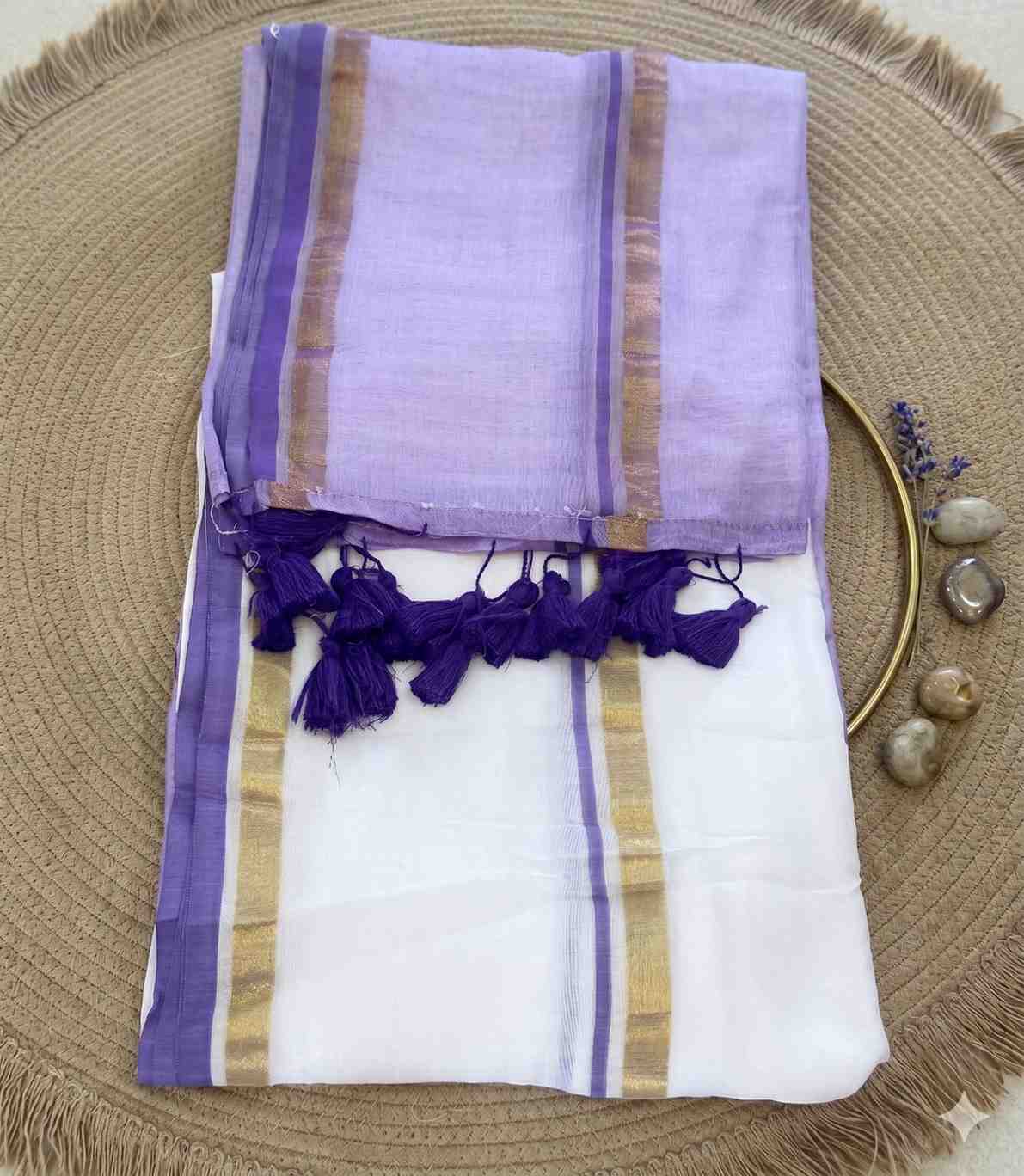 2250 Lavender and White Mulmul Cotton Onam Saree