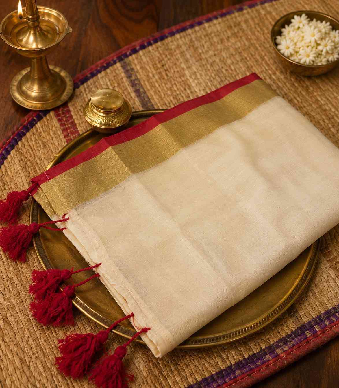 2249 Red and Traditional Cream Mulmul Cotton Onam Saree