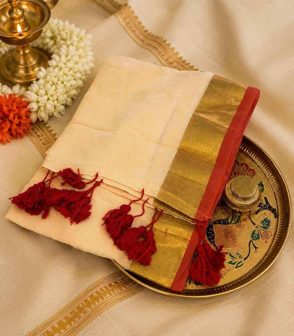 2249 Red and Traditional Cream Mulmul Cotton Onam Saree