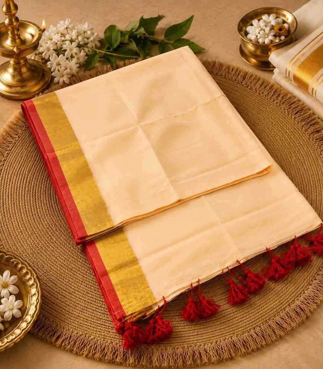2249 Red and Traditional Cream Mulmul Cotton Onam Saree