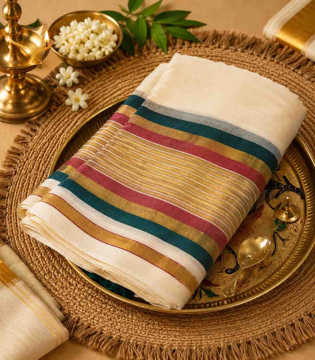 2251 Cream Mulmul Cotton Onam Saree with Magenta, Dark Green and Kasavu Border