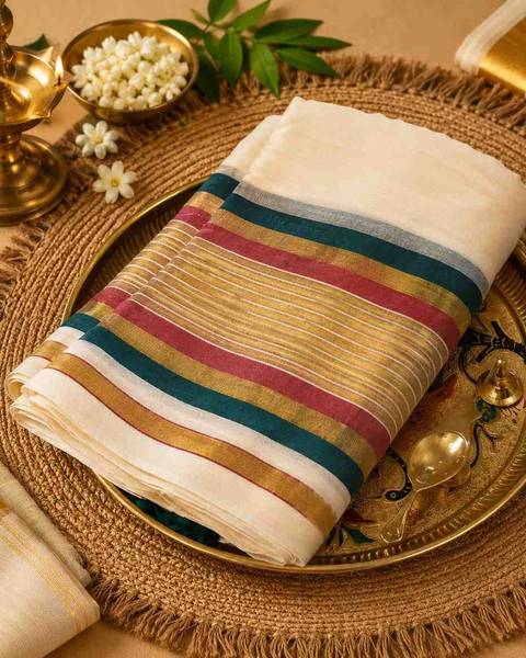 2251 Cream Mulmul Cotton Onam Saree with Magenta, Dark Green and Kasavu Border — shop at GeeStores