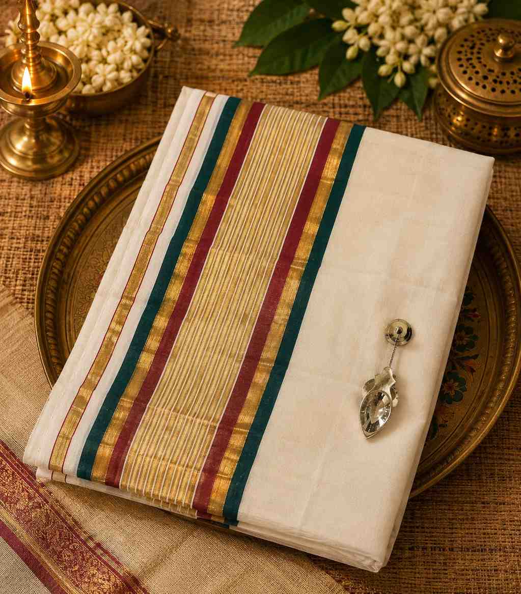 2251 Cream Mulmul Cotton Onam Saree with Magenta, Dark Green and Kasavu Border