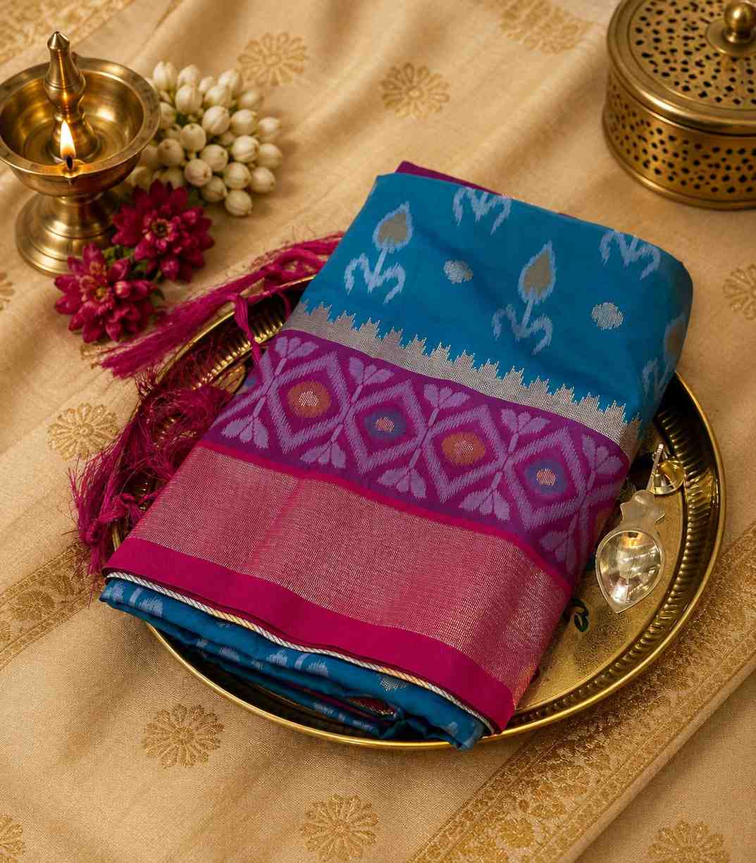 2245 Pochampally Ikat Semi Silk Saree in Peacock Blue with Contrast Border