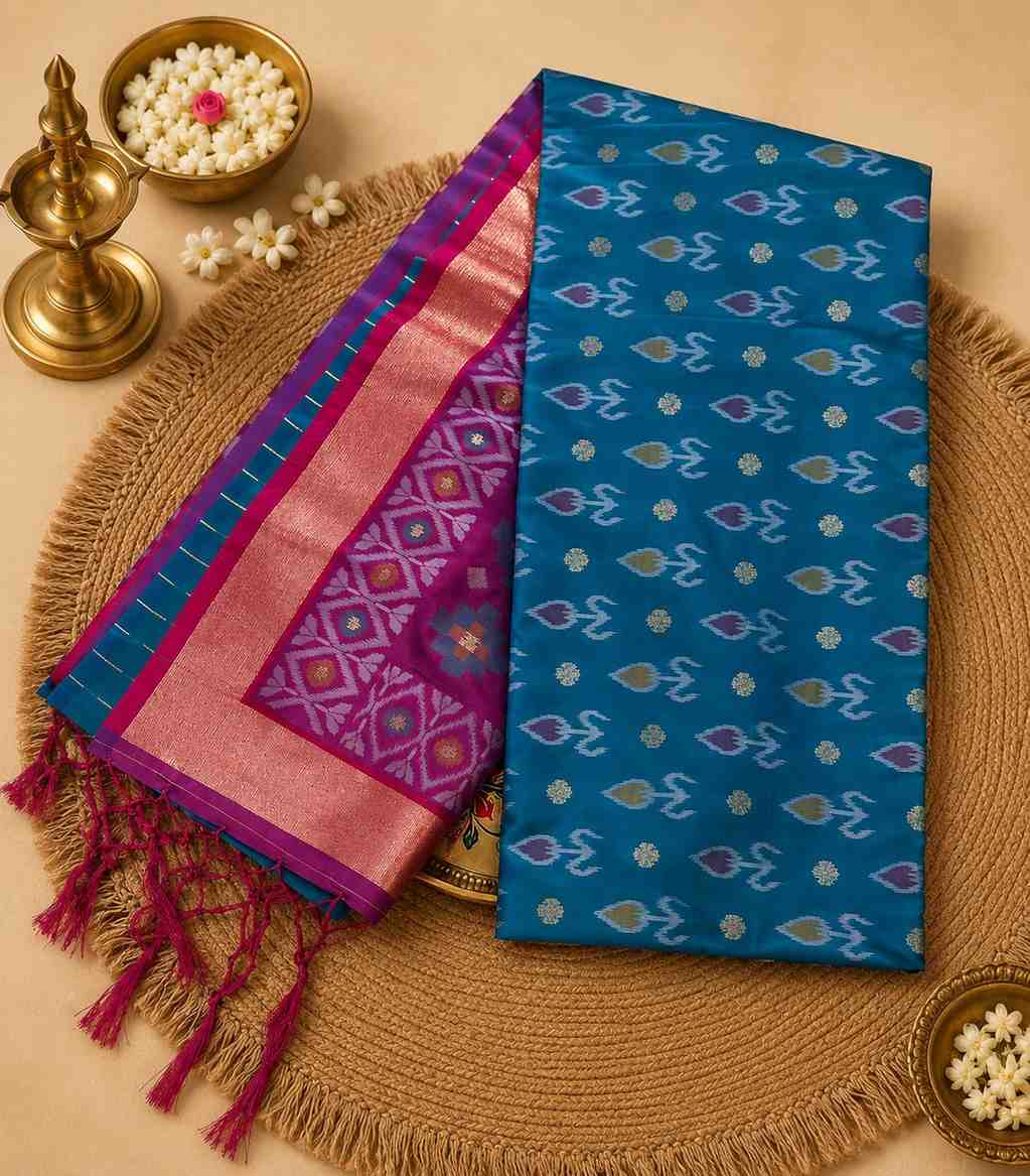 2245 Pochampally Ikat Semi Silk Saree in Peacock Blue with Contrast Border