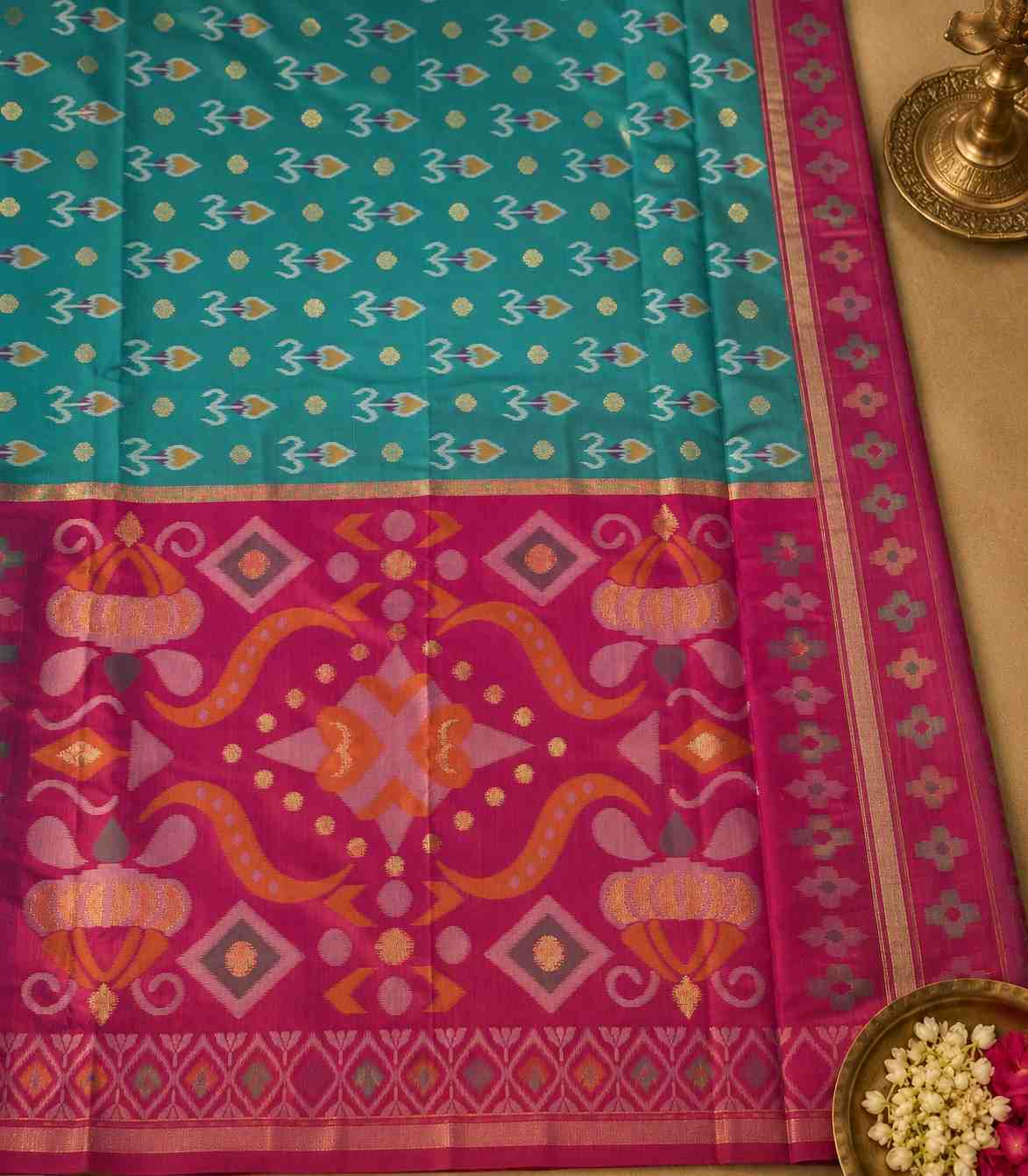 2245 Pochampally Ikat Semi Silk Saree in Peacock Blue with Contrast Border