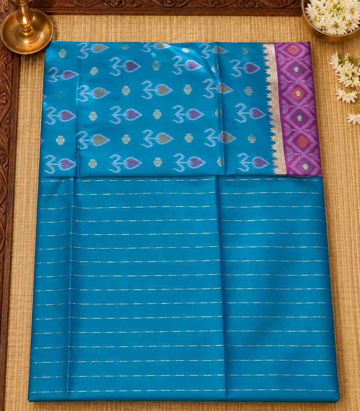 2245 Pochampally Ikat Semi Silk Saree in Peacock Blue with Contrast Border