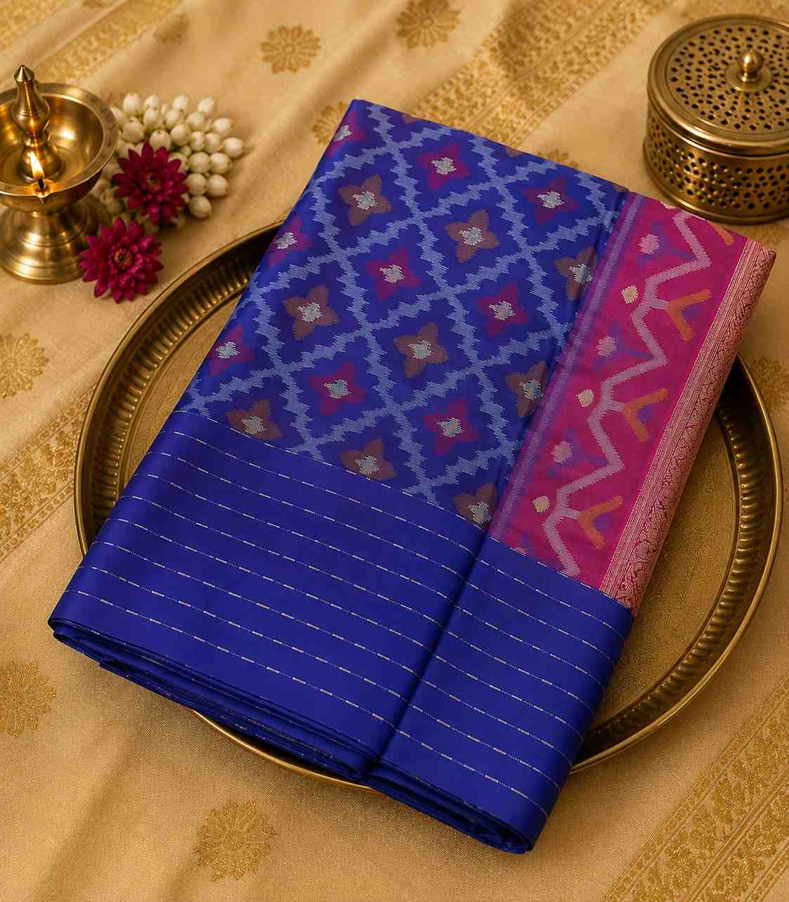 2246 Dharmavaram Ikat Semi Silk Saree in Royal Blue and Rani Pink