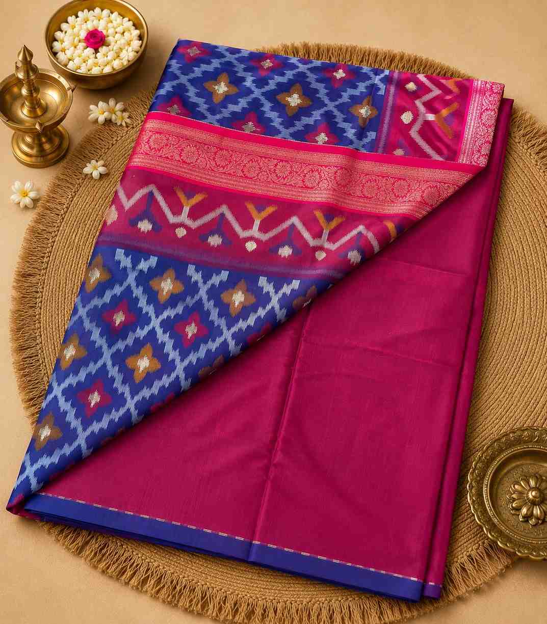 2246 Dharmavaram Ikat Semi Silk Saree in Royal Blue and Rani Pink