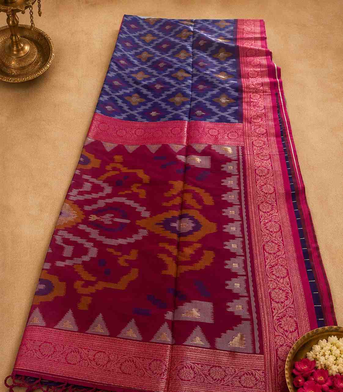 2246-dharmavaram-ikat-semi-silk-saree-in-royal-blue-and-rani-pink