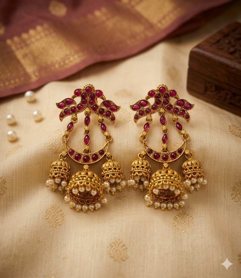5627 Maroon Kemp Stone Triple Layered Half Moon Jhumki Earrings