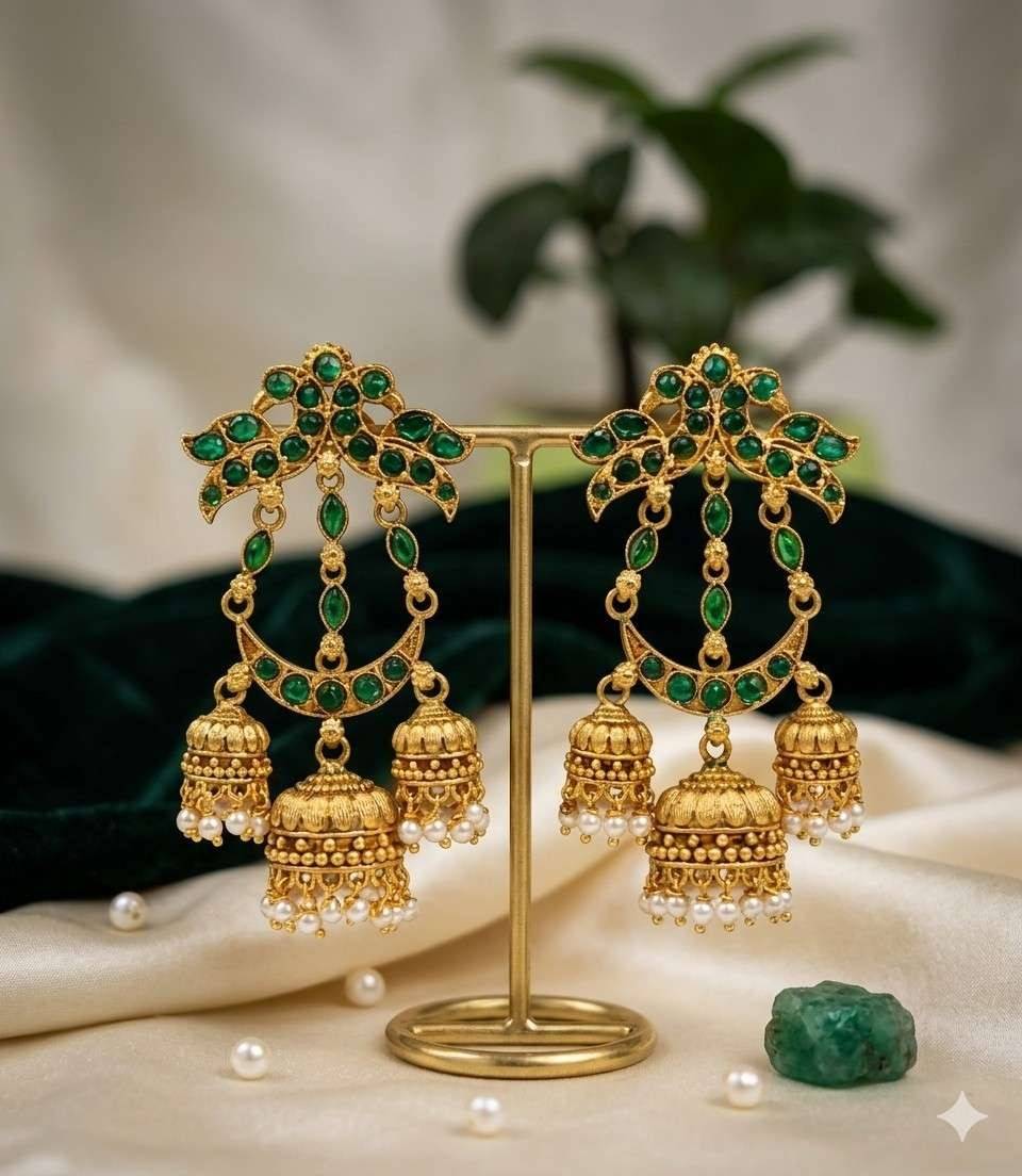 5625 Green Kemp Stone Triple Layered Half Moon Jhumki Earrings