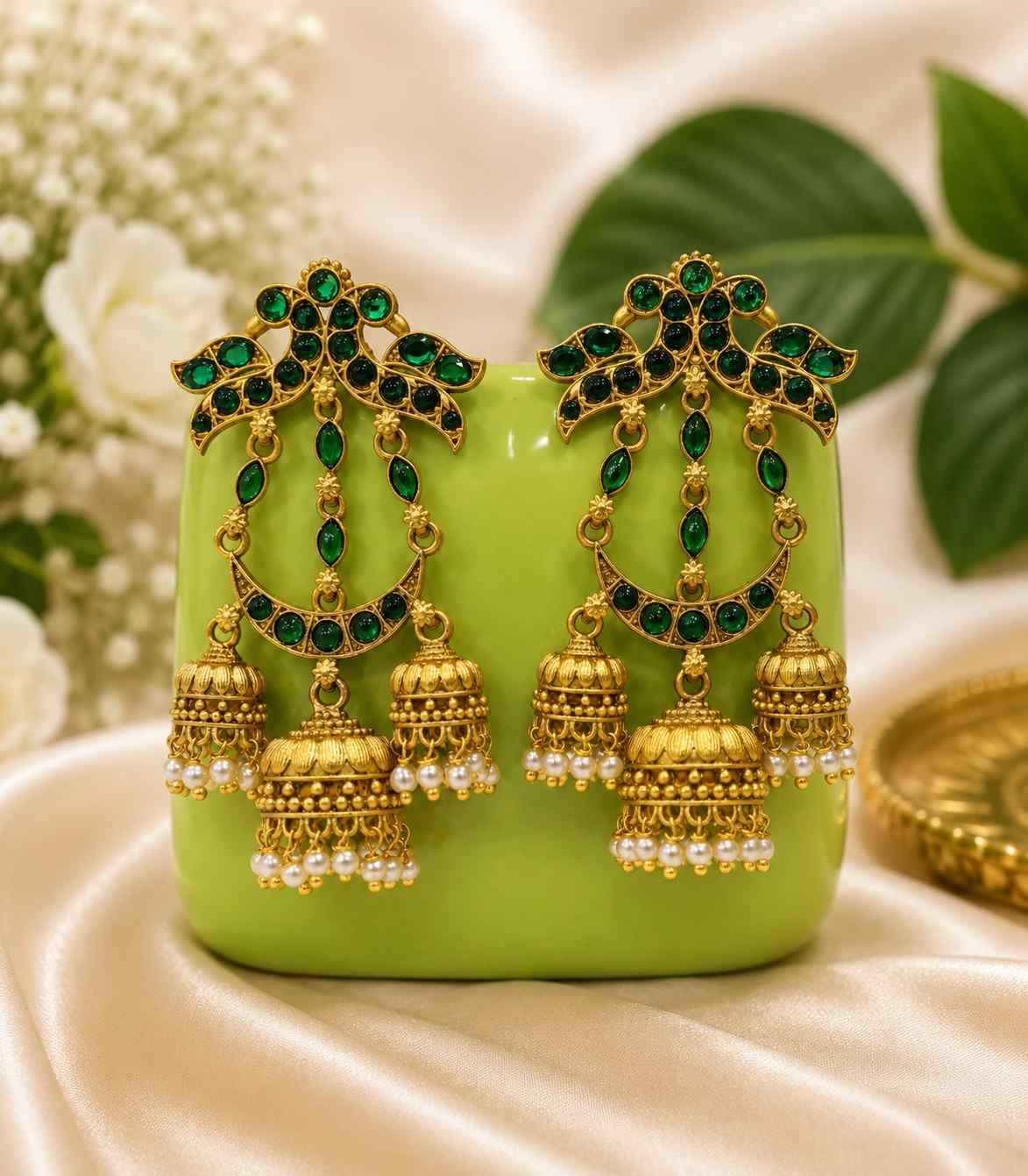 5625 Green Kemp Stone Triple Layered Half Moon Jhumki Earrings