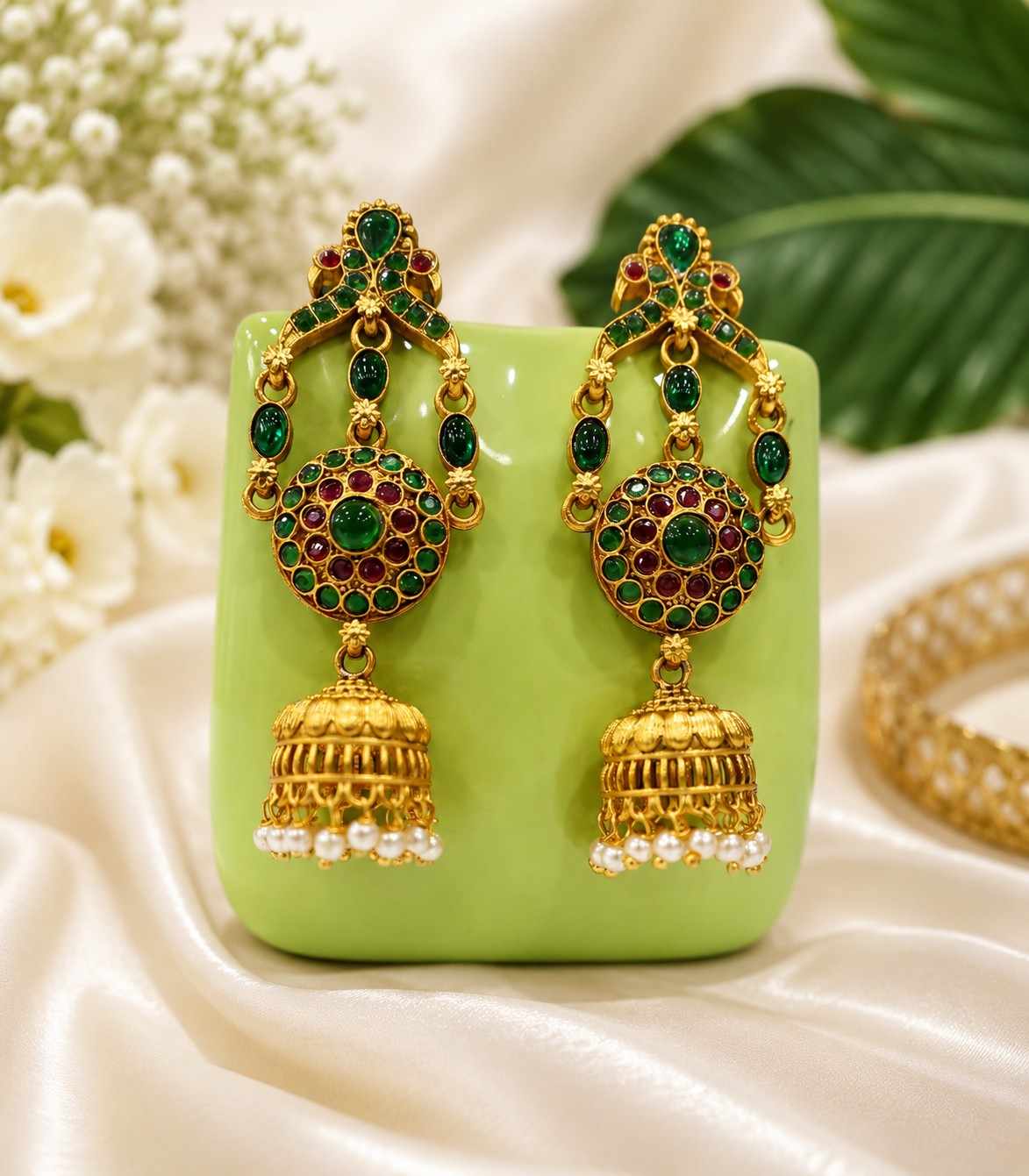 5624 Antique Gold Jhumka Earrings with Emerald and Ruby Stones