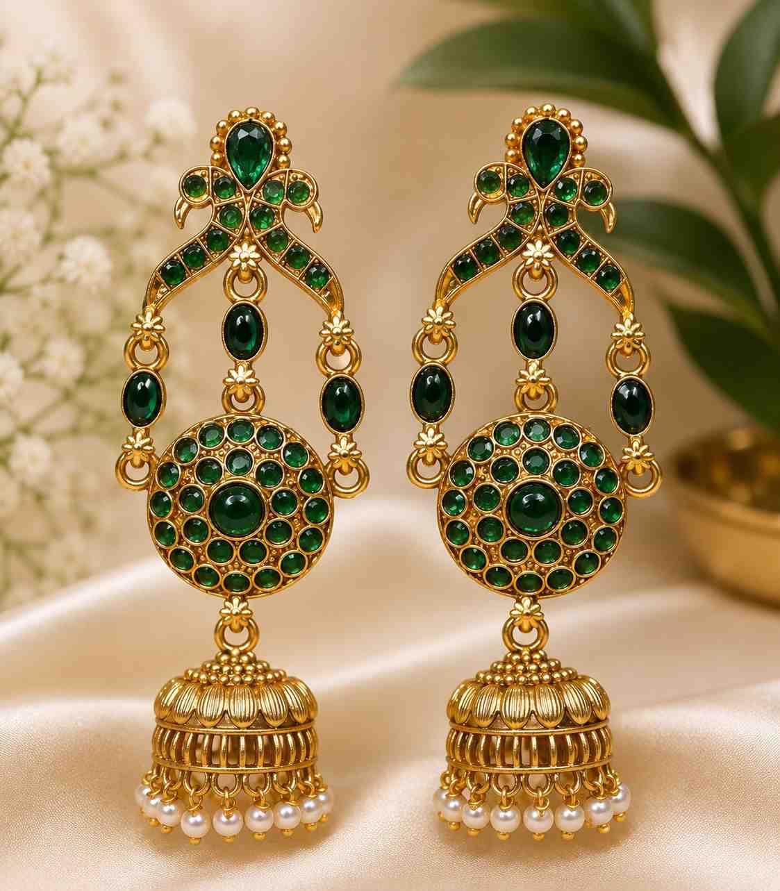 5623 Antique Gold Jhumka Earrings with Emerald Stones