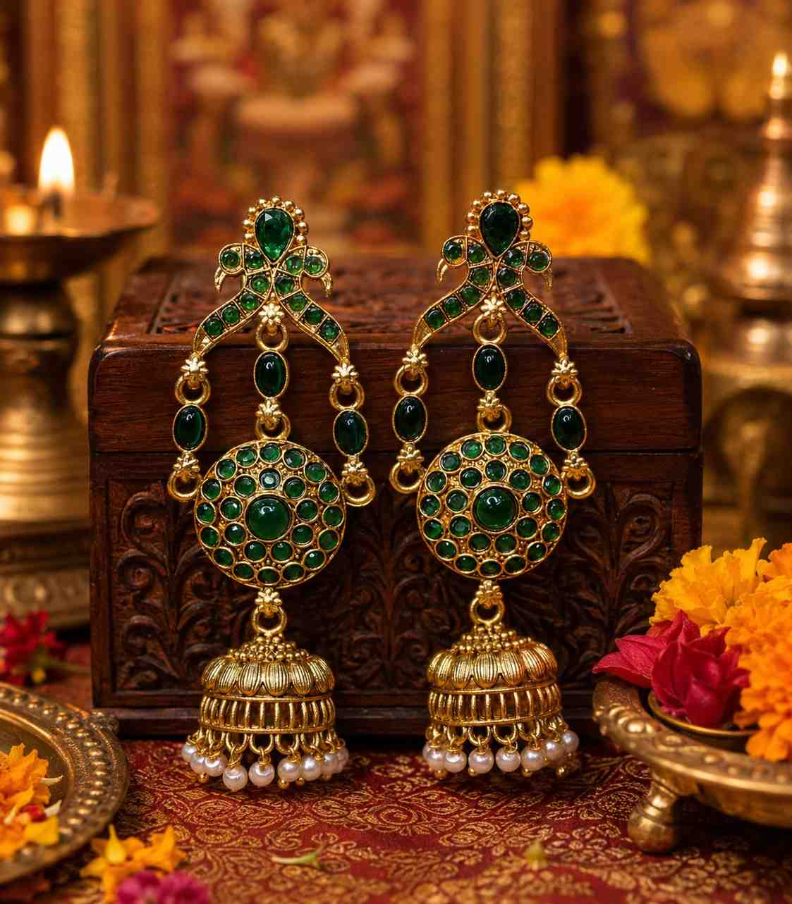 5623 Antique Gold Jhumka Earrings with Emerald Stones