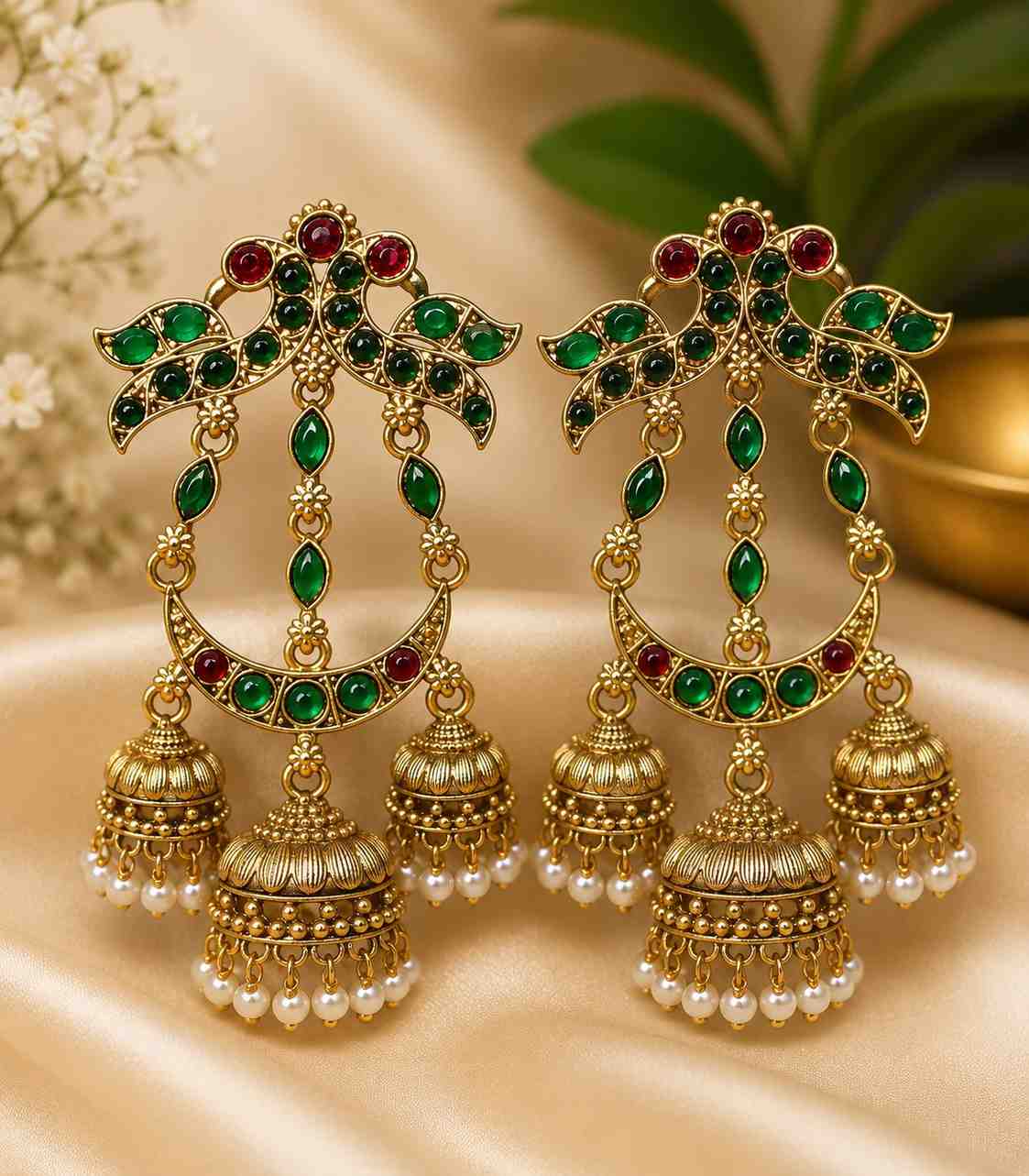 5626 Emerald and Ruby Kemp Stones Triple Layered Half Moon Jhumki Earrings