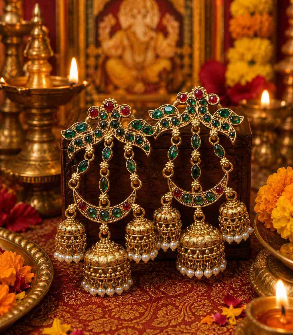 5626 Emerald and Ruby Kemp Stones Triple Layered Half Moon Jhumki Earrings