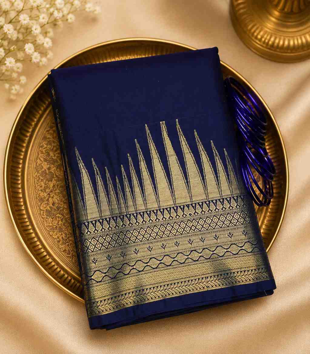 2252 Navy Blue Semi Silk Saree with Antique Gold Temple Zari Border