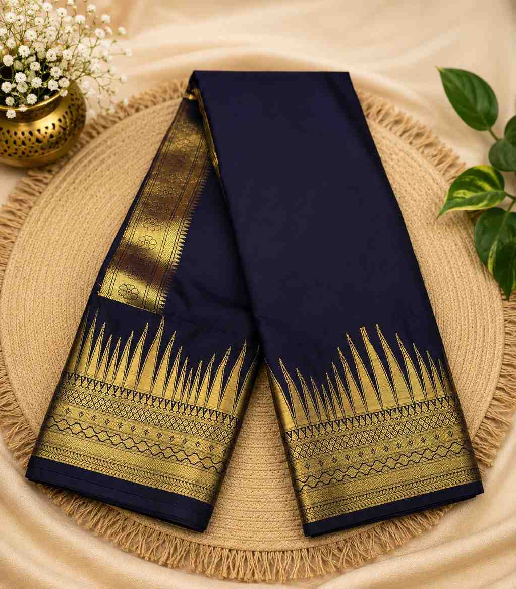 2252 Navy Blue Semi Silk Saree with Antique Gold Temple Zari Border