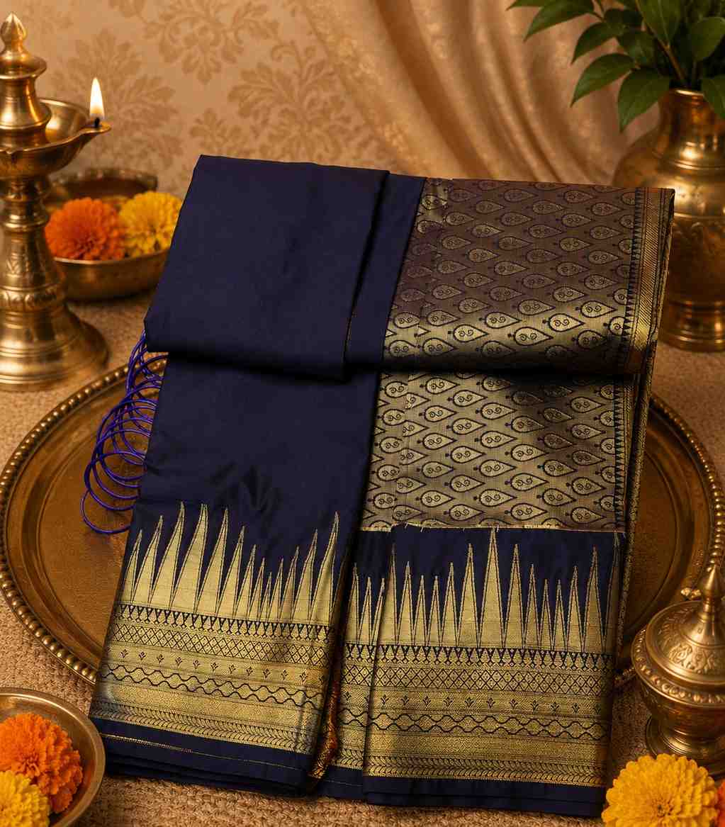 2252 Royal Navy Blue Semi Silk Saree with Antique Gold Temple Zari Border2252 Royal Navy Blue Semi Silk Saree with Antique Gold Temple Zari Border