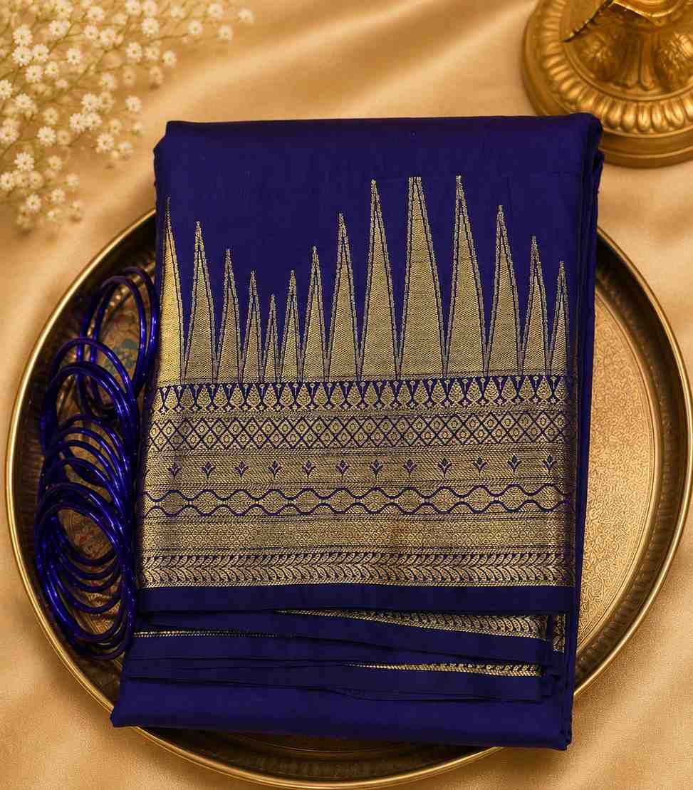 2253 Royal Blue Semi Silk Saree with Antique Gold Temple Zari Border