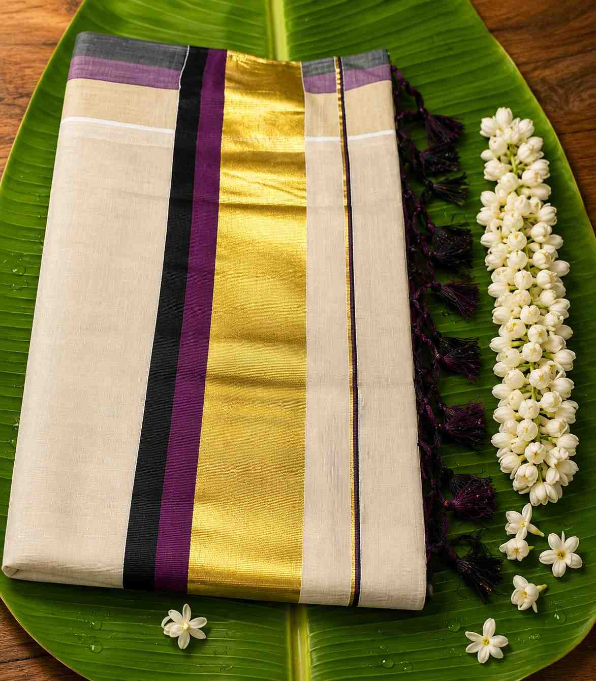 2254 Onam Collection Kerala Tissue Kattikkara Double Color Kasavu Saree with Tussels